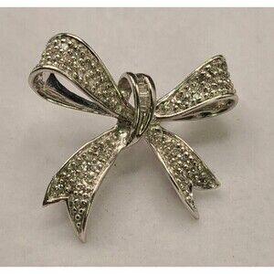 Sterling Silver & Diamond Bow Pendant/Pin Estate 925 Vintage
